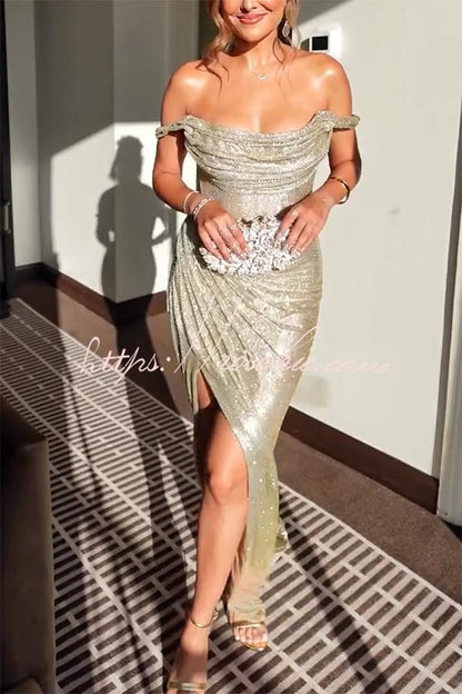 Party with Passion Glitter Fabric Off Shoulder Ruched Slit Maxi Dress