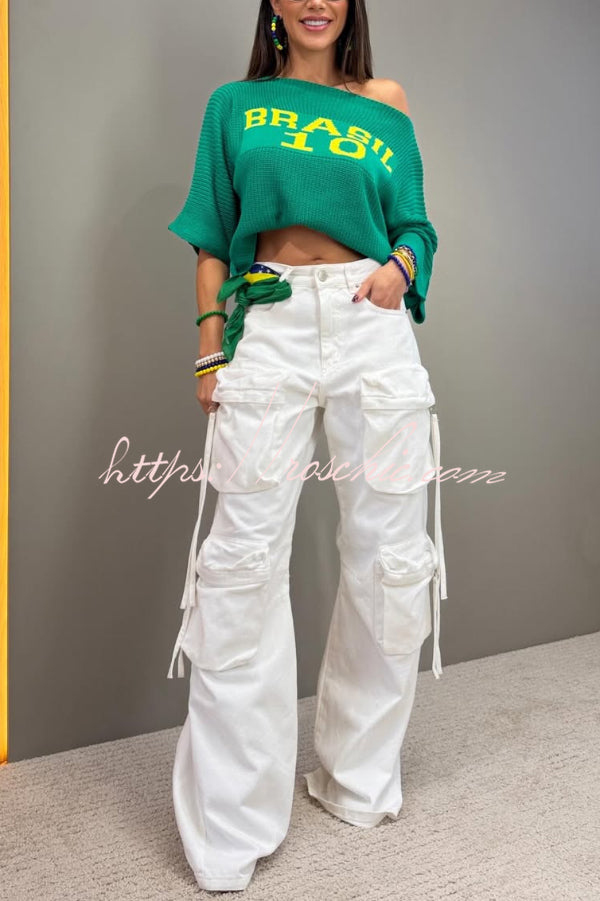 World Cup Letter Jacquard Loose-fitting Sloping Shoulders Cropped Knit Top