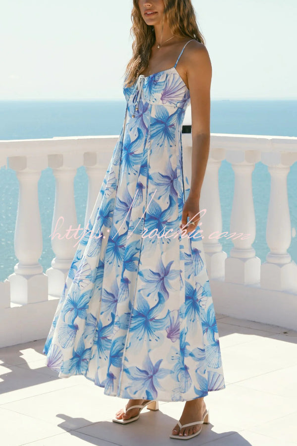 Floral Print Sleeveless Spaghetti Strap Pleated Back Vacation Maxi Dress
