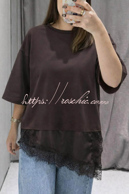 Stylish Round Neck Short-sleeved Patchwork Lace Hem Loose T-shirt