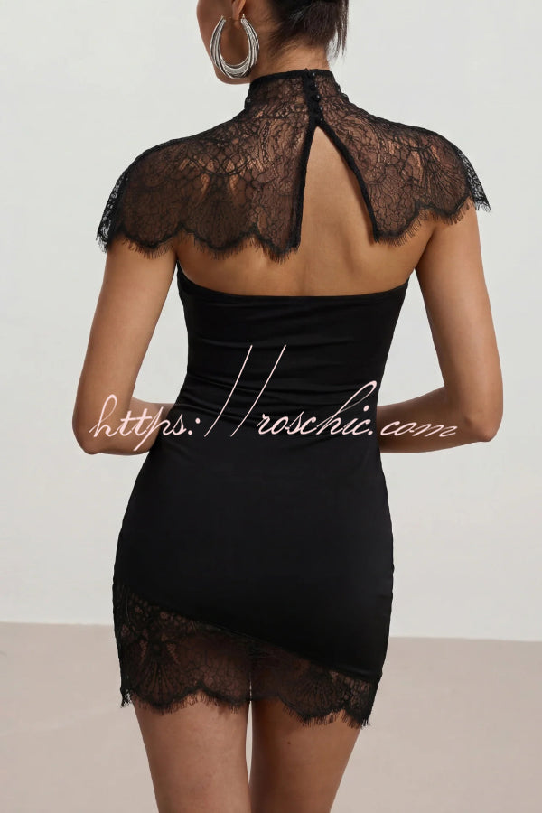 Fashionable Lace Shawl Strapless Slim-fit Lace Hem Mini Dress