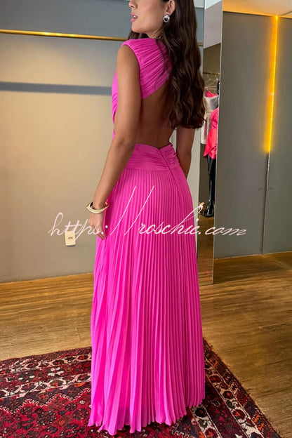 Tamia Pleated Chiffon Fabric Crossover Cutout Waist Open Back Maxi Dress