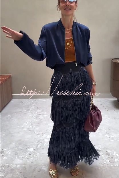 Freestyle Dance Steps Layered Tassels High Rise Back Zipper Slit Maxi Skirt
