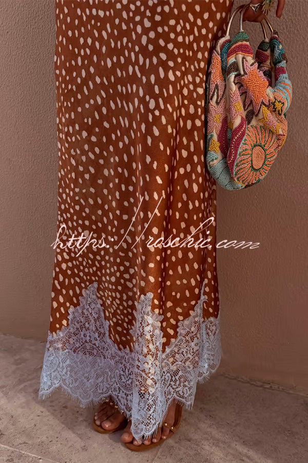 Stunning Fawn Print Contrast Color Satin Lace Trim Mid Rise Maxi Skirt
