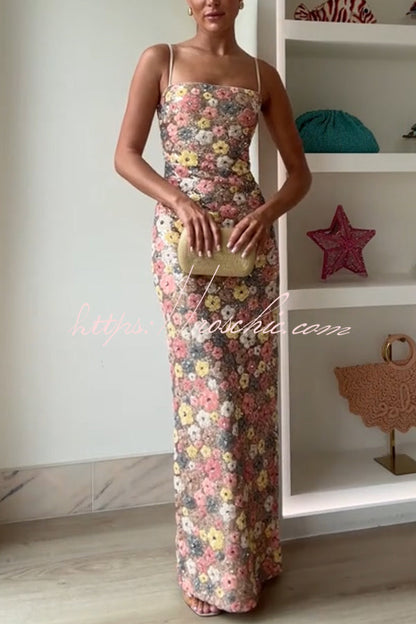 80's Inspired Floral Print Sequin Square Neck Slip Stretch Maxi Dress