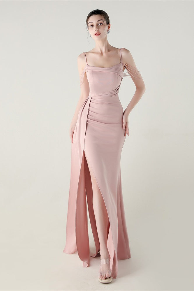 Vestido de fiesta de sirena de satén con tirantes finos