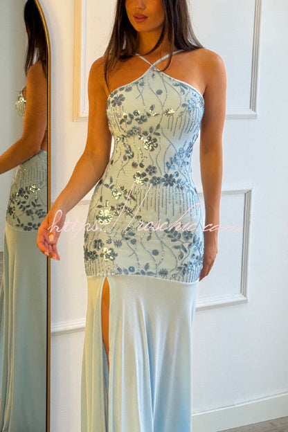Fashionable Sequined Halter Neck Elegant Slim-fit Slit Maxi Dress
