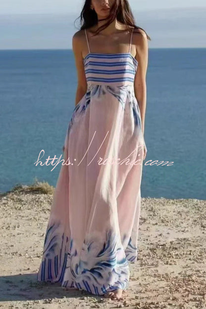 Unique Print Square Neck Spaghetti Strap Back Gathered Maxi Dress