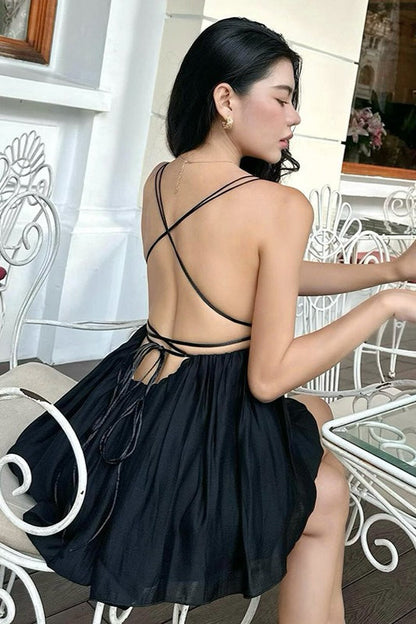 Minivestido con Tirantes de Escote en V, Cintura Alta, Liso, Suelto y Fluido