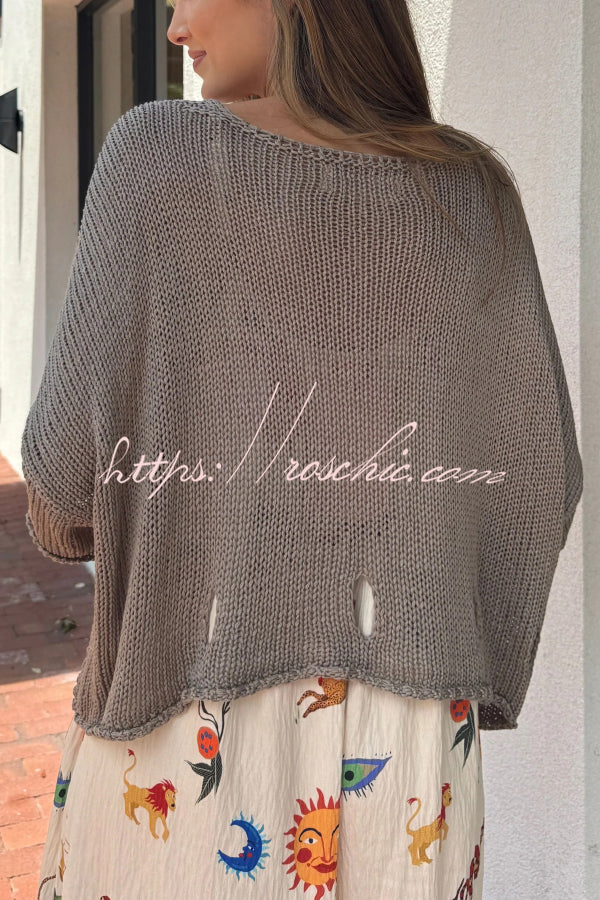 Solid Color Loose V-neck Hollowed-out Casual Knit Top