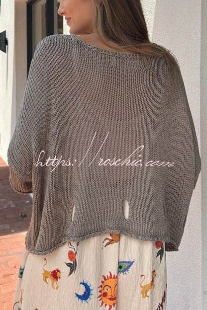 Solid Color Loose V-neck Hollowed-out Casual Knit Top