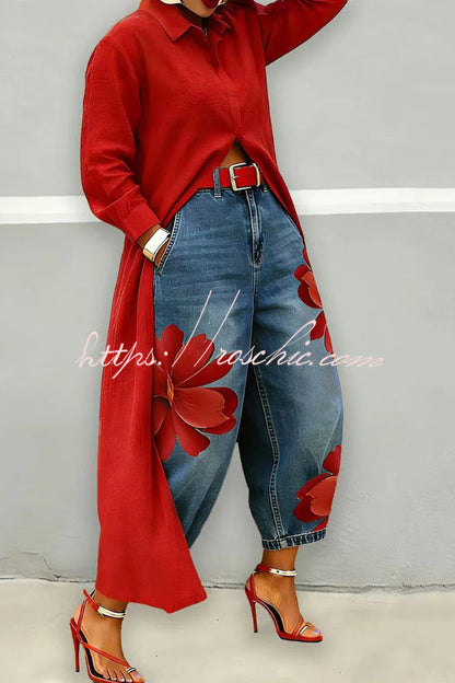 Fashionable Floral Print Loose-fitting Casual Pockets Wide-leg Jeans