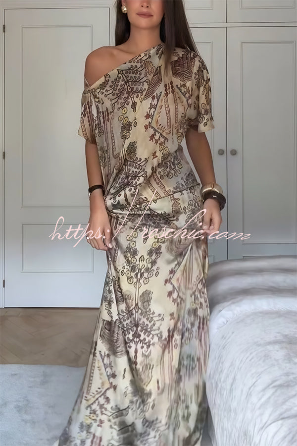 Cassie Satin Unique Print One Shoulder Ruched Waist Asymmetrical Hem Maxi Dress