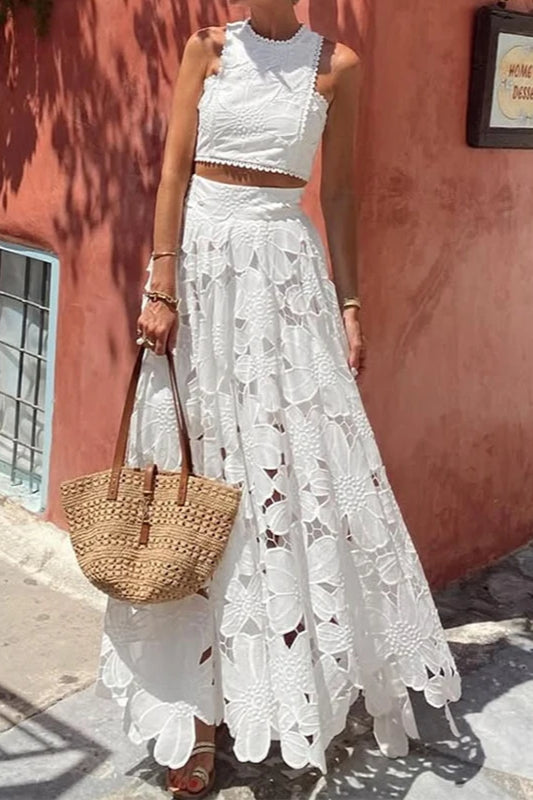 Vestido Boho Suelto de Dos Piezas de Playa con Encaje Calado