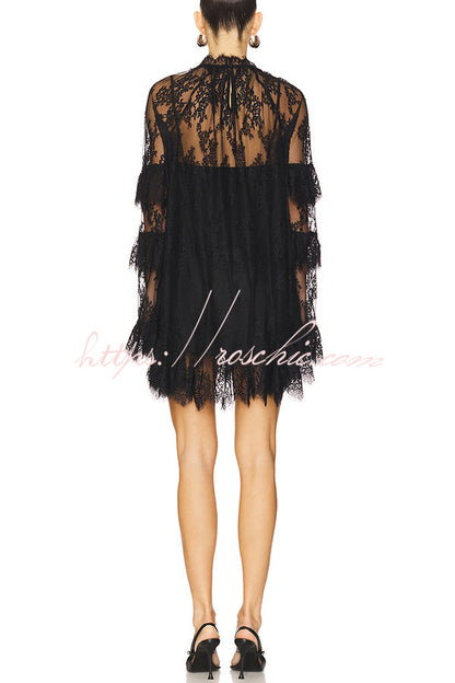 Sexy See-through Lace Loose Long-sleeved Mini Dress