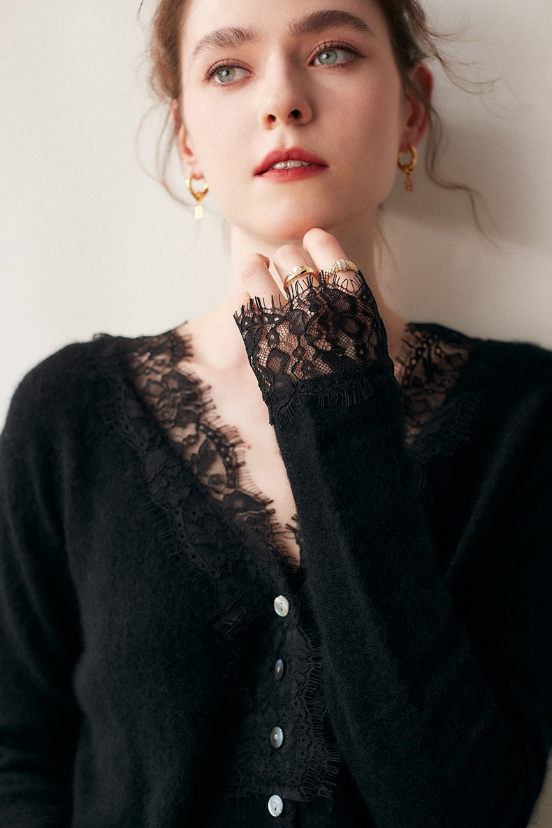 Cashmere Lace-Trimmed V-Neck Knit Cardigan