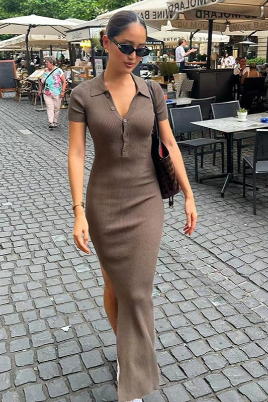 Elegant  Lapel Short Sleeve Split Hem Sweater Dress