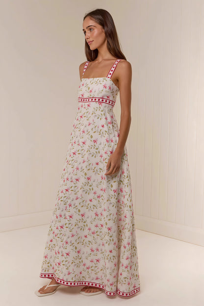Maxivestido de verano informal con tirantes finos y estampado de lino