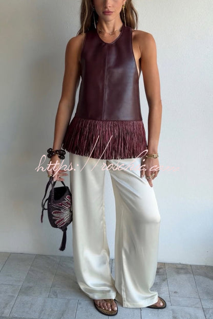 Stylish Halter Neck Sleeveless Leather Tassel Loose Top