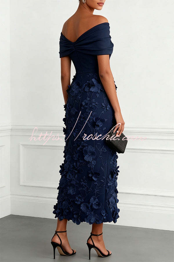 Classic 3D Floral Embroidery Off The Shoulder Short Sleeve Sheath Midi Dress