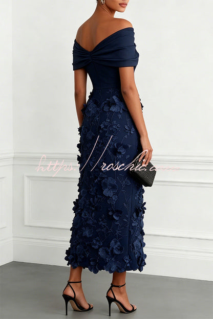 Classic 3D Floral Embroidery Off The Shoulder Short Sleeve Sheath Midi Dress