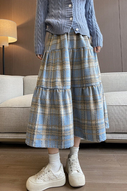 Wool Blend Tiered Plaid Skirt