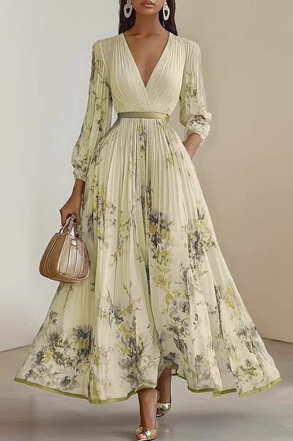 Unique Printed V-Neck Long Sleeve Bow Tie Waist Holiday Maxi Dress