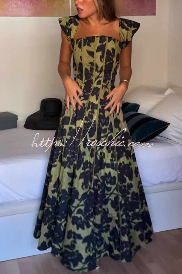 Elara Linen Blend Floral Print Princess Line Design Detachable Sleeves Maxi Dress