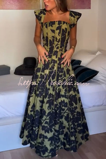 Elara Linen Blend Floral Print Princess Line Design Detachable Sleeves Maxi Dress
