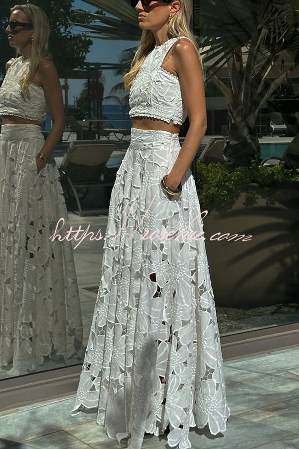 Next Trip Floral Embroidery Crochet Lace Crop Tank Top and Elastic Waist Pocket Maxi Skirt Set