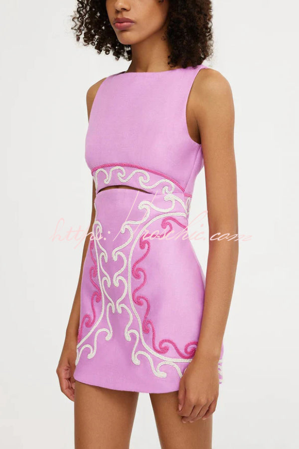 Embroidered Sleeveless Round Neck Hollowed-out Slim-fit Mini Dress