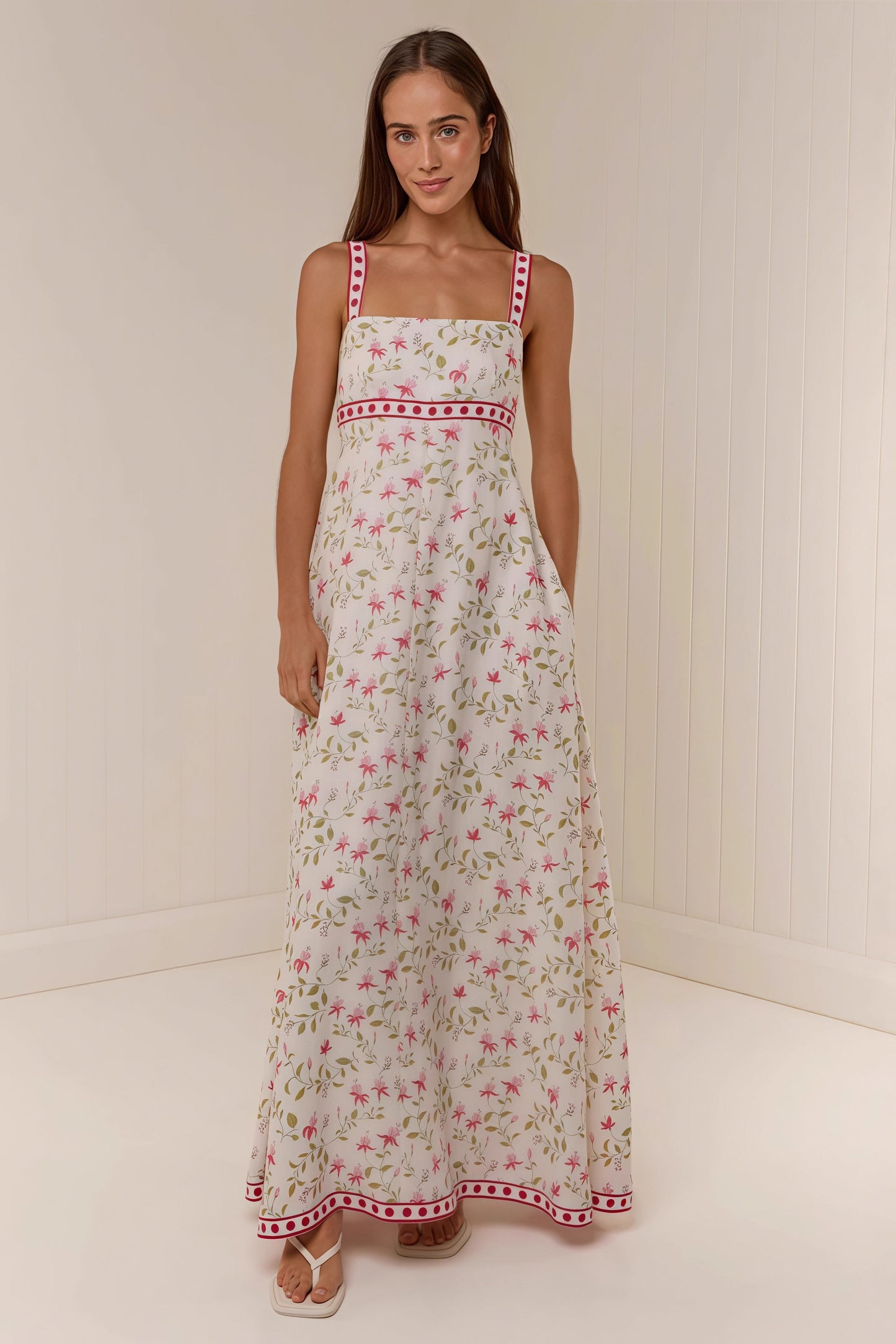 Maxivestido de verano informal con tirantes finos y estampado de lino