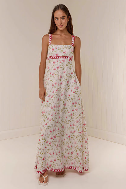 Maxivestido de verano informal con tirantes finos y estampado de lino
