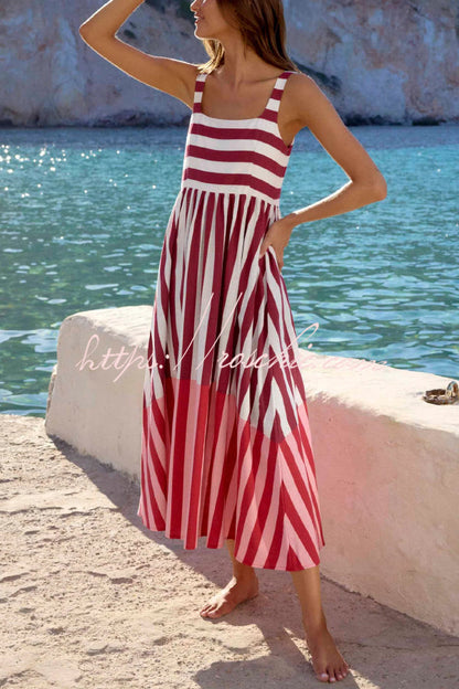 Fashionable Striped Printed Square Neck Sleeveless Casual Vacation Maxi Dress