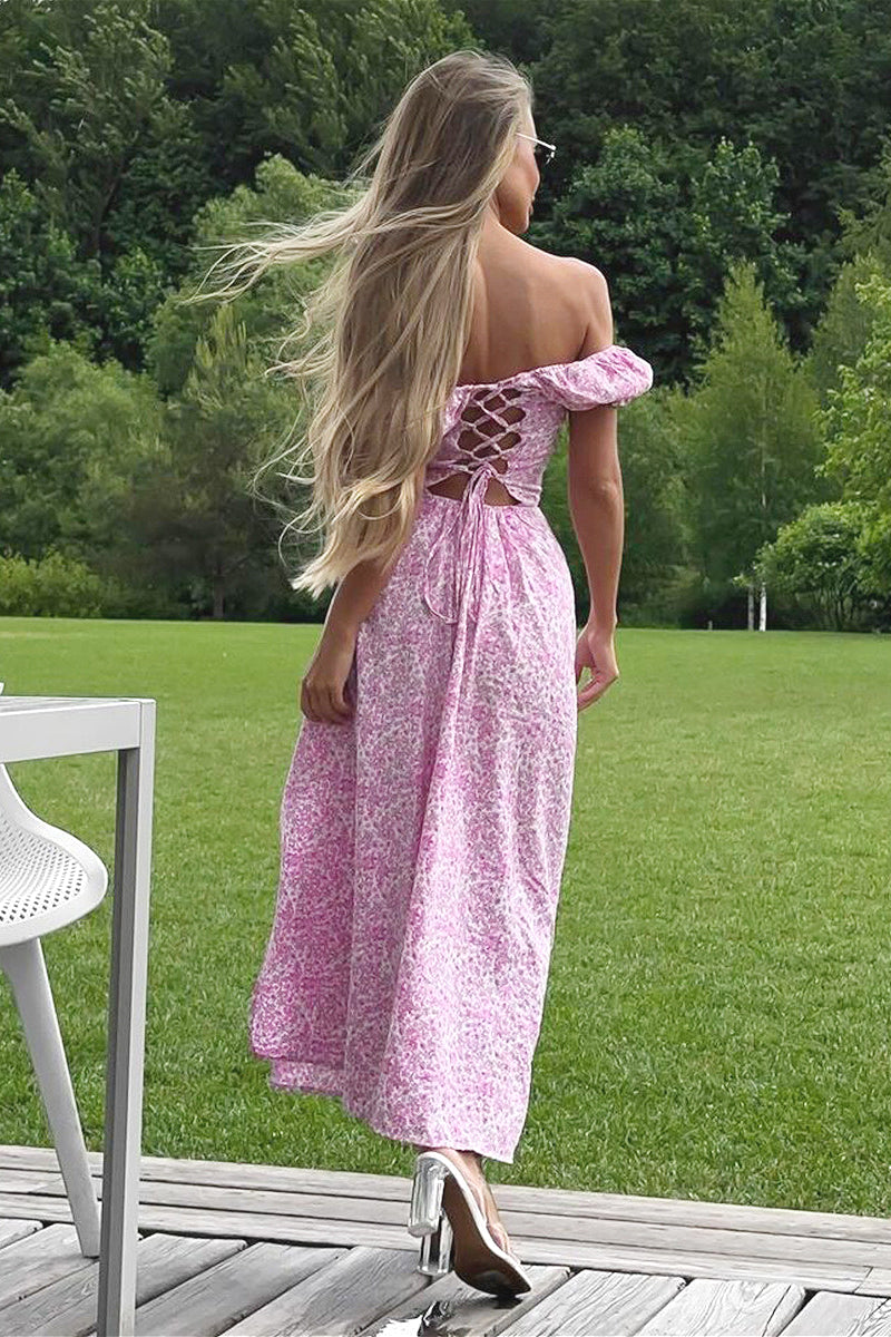 Off Shoulder Slim Split Long Floral Dress