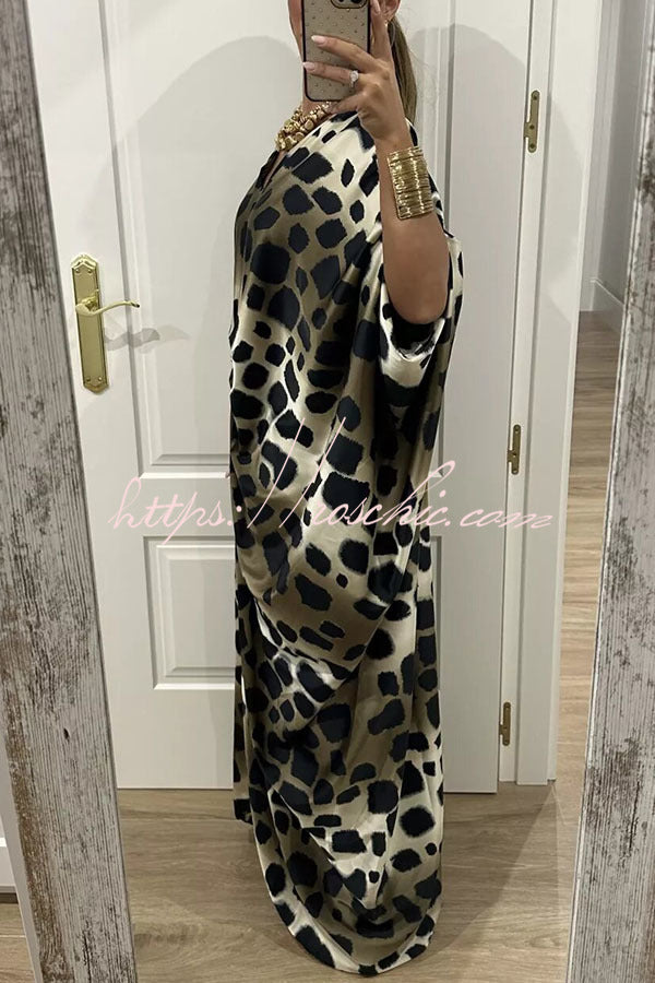 Airy Satin Unique Print V-neck Gemstone Embellished Drape Robe Maxi Dress