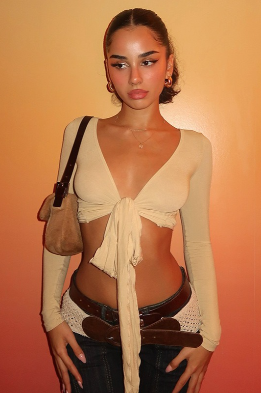Wrap Tie V Neck  Long Sleeve Cropped Crop Top