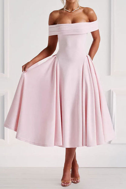 Off-Shoulder Waist-Cinched Solid Party Dress