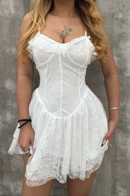 Solid V Neck Ruffled Lace Dress