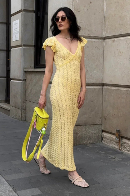 Vestido maxi pastoral de punto con cuello de pico y volantes franceses
