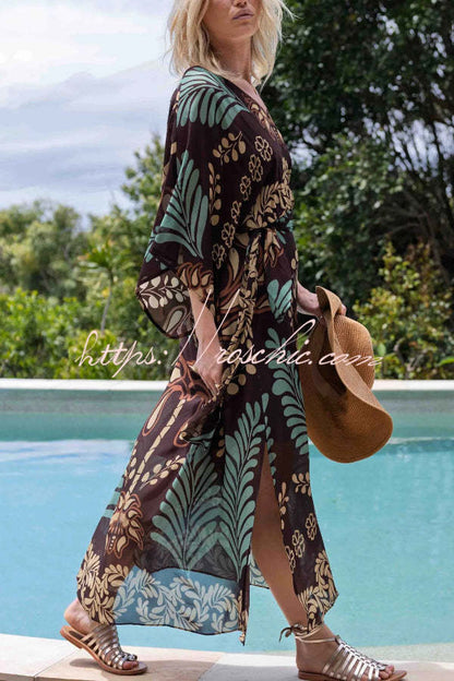 Bohemian Style Unique Printed Chiffon Loose-fitting Belted Maxi Dress