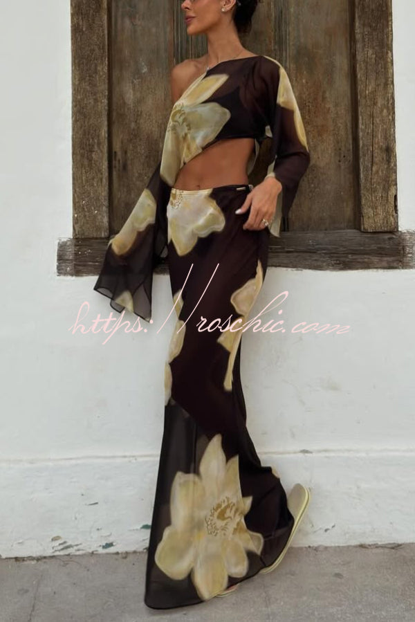 Floral Print Off-shoulder Long-sleeved Loose Top and Elegant Drawstring Maxi Skirt Set