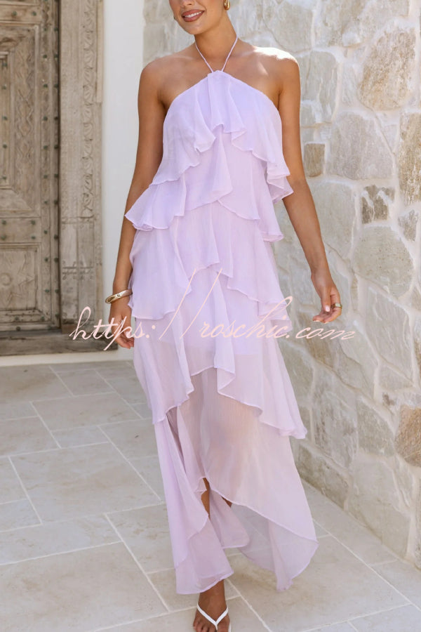 Solid Color Chiffon Halter Neck Elegant Ruffle Maxi Dress