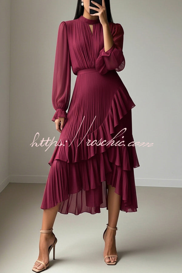Solid Color Round Neck Long Sleeve Fitted Waist Pleated Ruffle Midi Dress