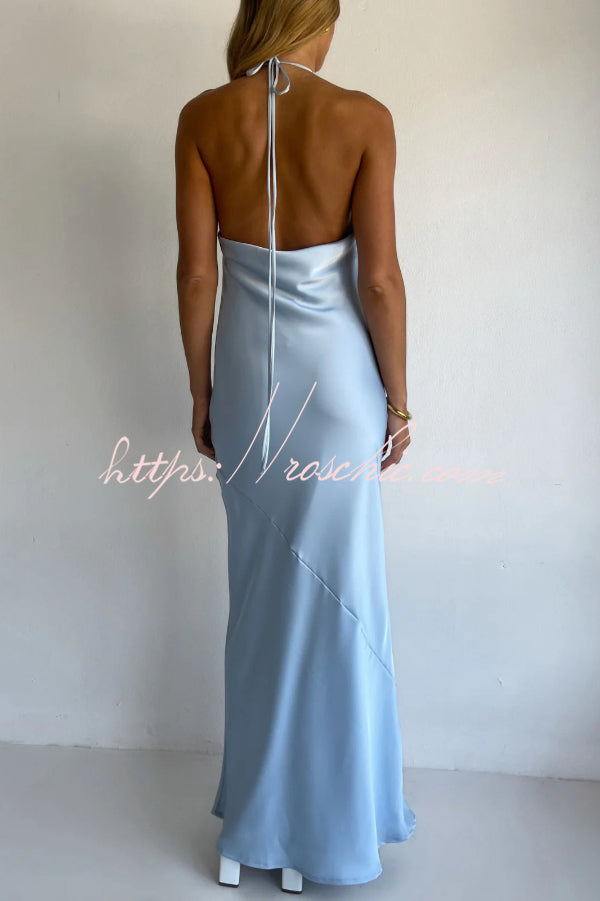 Solid Color Halter Neck Tie Backless Slim Fit Drape Maxi Dress