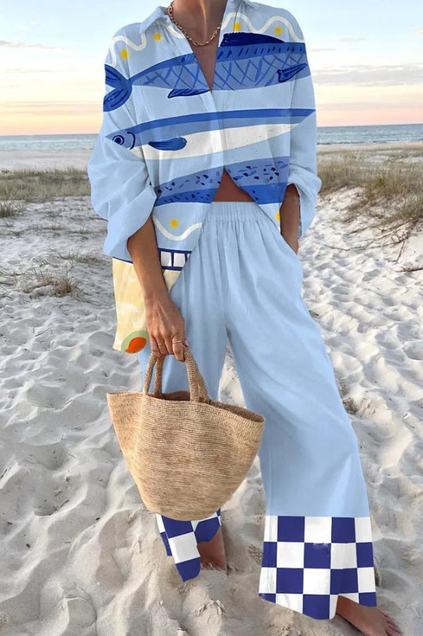 Sardine Print Oversized Shirt and Elastic Waist Pocket Pants Set