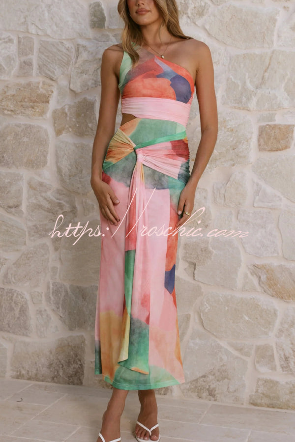 Unique Printed One-Shoulder Cutout Fitted Lace-Up Maxi Dress