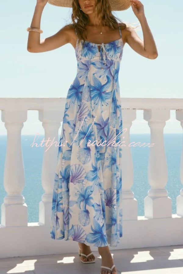 Floral Print Sleeveless Spaghetti Strap Pleated Back Vacation Maxi Dress