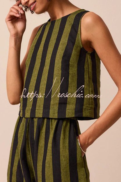 Striped Printed Crew Neck Sleeveless Top and Elastic Waist Wide-leg Pants Set