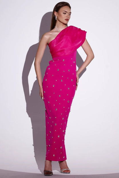 Luxury Asymmetrical Shoulder Rhinestone Bandage Formal Dress